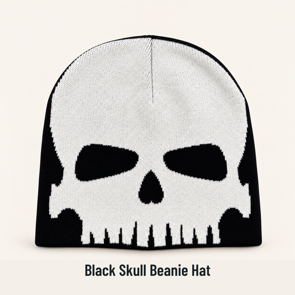 Halloween Skull Graphic Knit Beanie for Men & Women – Black & White