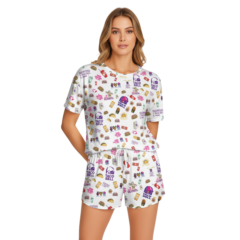 TacoBell Print Polyester Pajama Set | Soft Crew Neck Loungewear