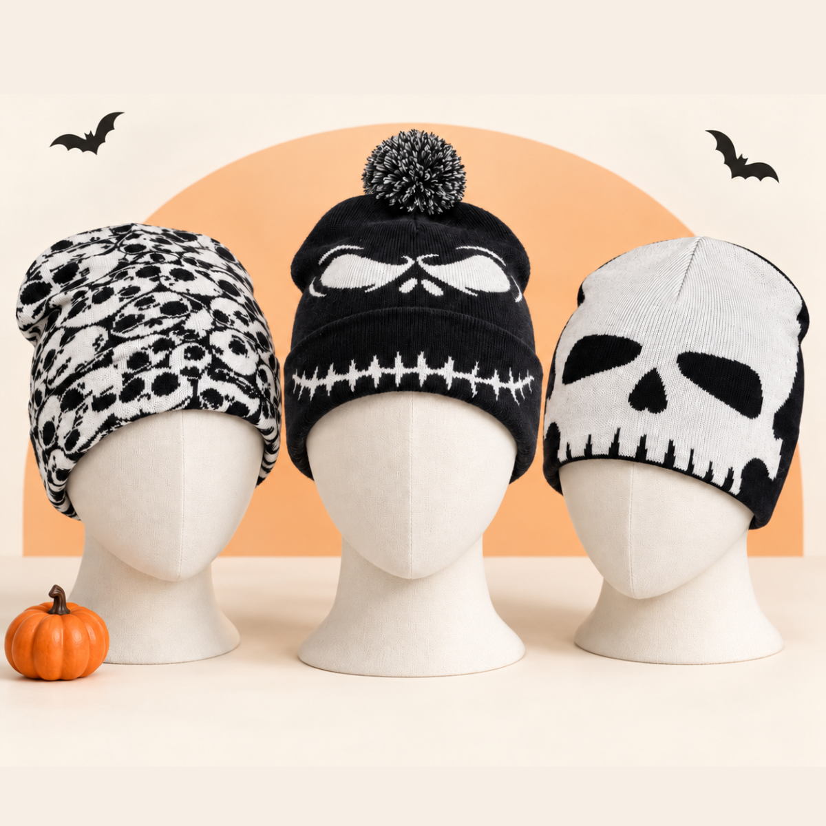 Halloween Skull Graphic Knit Beanie for Men & Women – Black & White