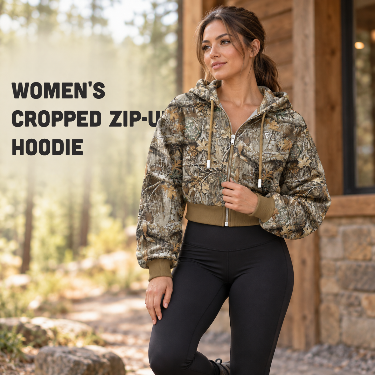 Women’s Camo Tree Crop Zip Hoodie | Sherpa Fleece