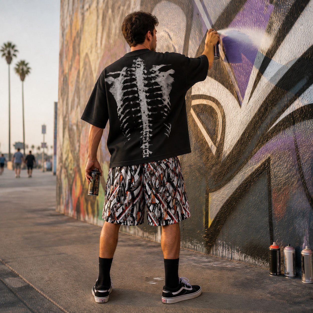 Men’s Halloween Skeleton Graphic Oversized T-Shirt | Waffle Knit Streetwear Tee