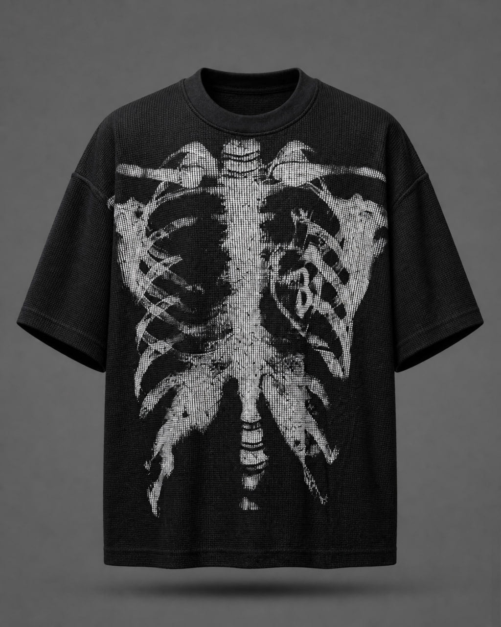 Men’s Halloween Skeleton Graphic Oversized T-Shirt | Waffle Knit Streetwear Tee