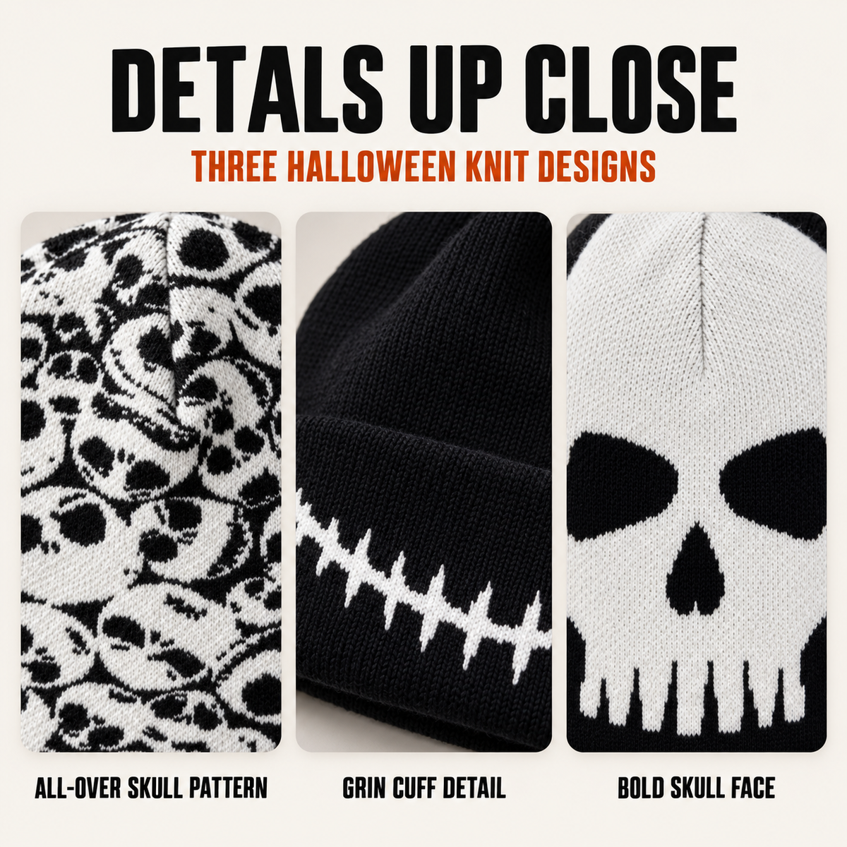 Halloween Skull Graphic Knit Beanie for Men & Women – Black & White