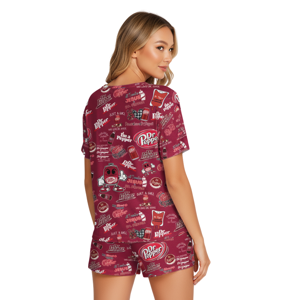 Dr Pepper Print Polyester Pajama Set - Soft Crew Neck Loungewear
