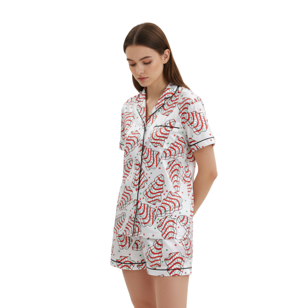 Fun Tree Cake Print Polyester Pajama Set | Cozy Crew Neck Sleepwear