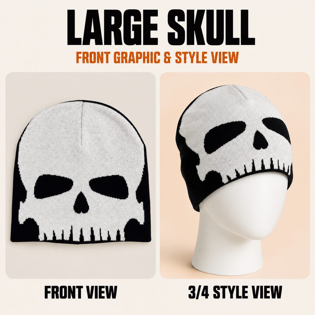 Halloween Skull Graphic Knit Beanie for Men & Women – Black & White