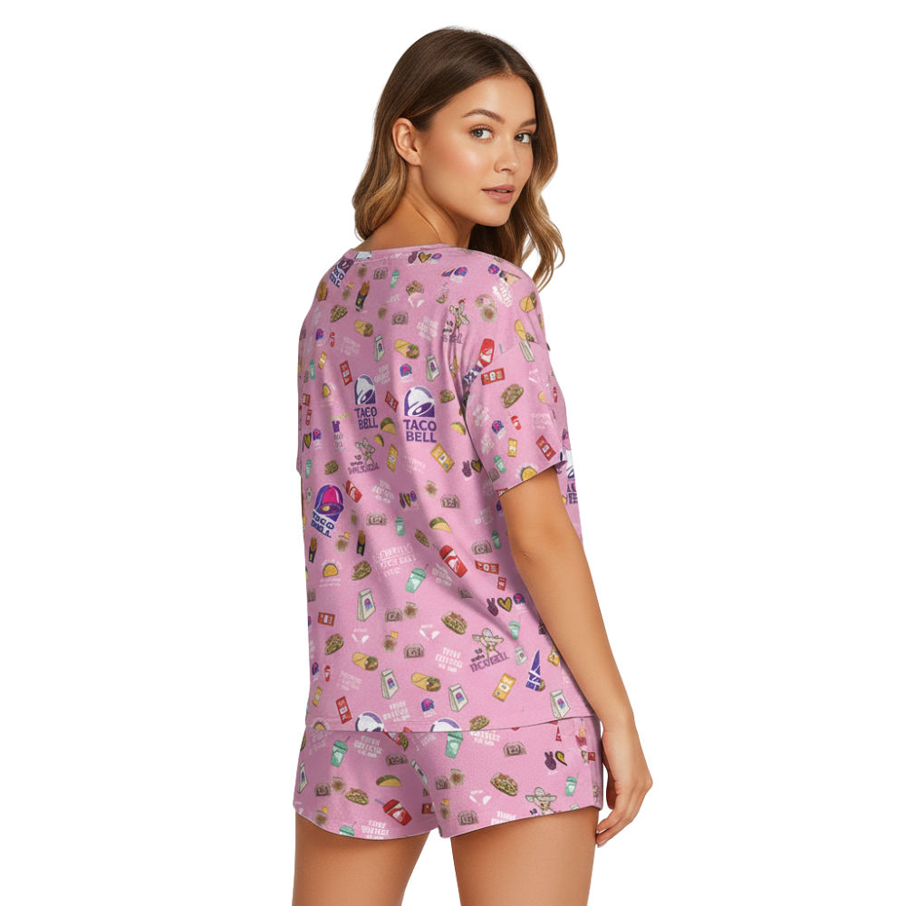 TacoBell Print Polyester Pajama Set | Soft Crew Neck Loungewear