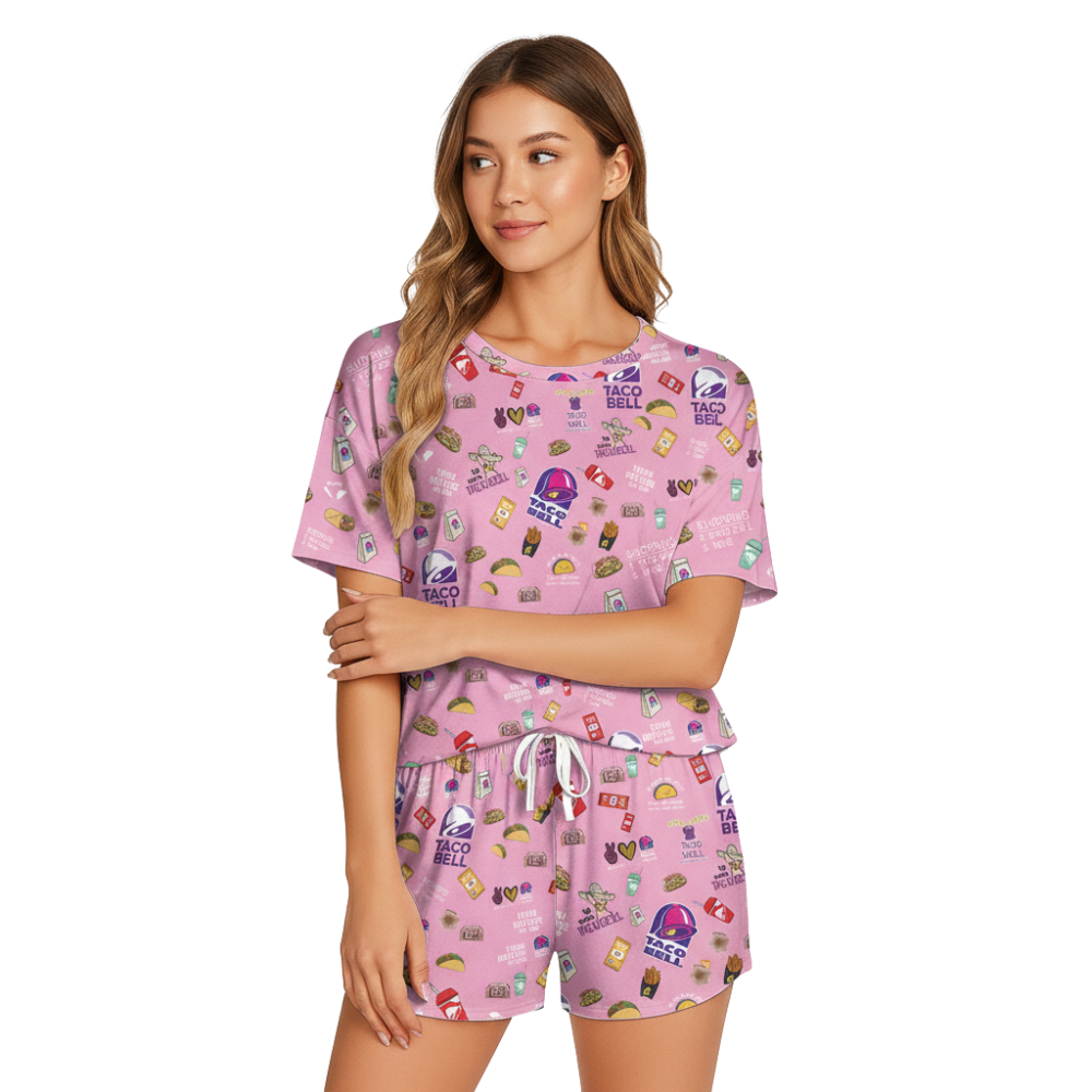 TacoBell Print Polyester Pajama Set | Soft Crew Neck Loungewear