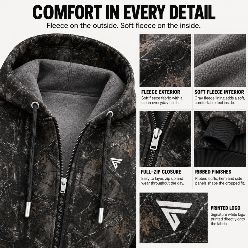 Women’s Camo Tree Crop Zip Hoodie | Sherpa Fleece