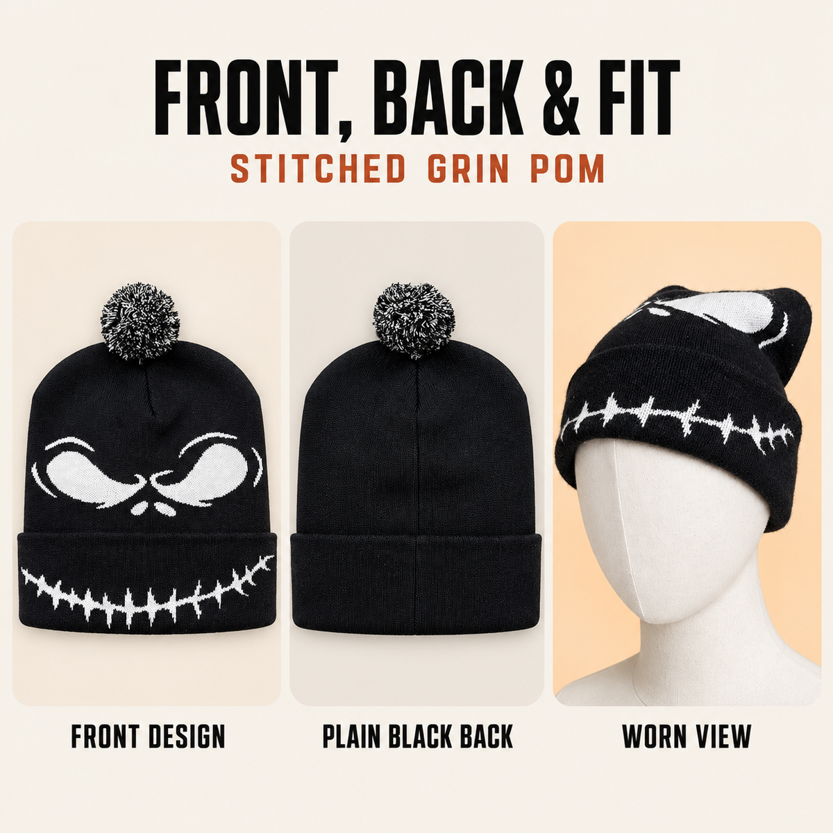 Halloween Skull Graphic Knit Beanie for Men & Women – Black & White