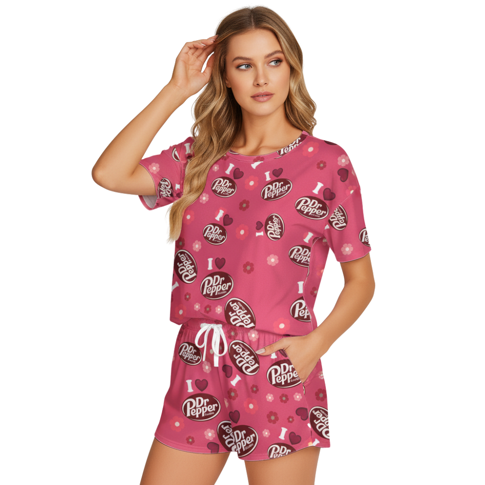 Dr Pepper Print Polyester Pajama Set - Soft Crew Neck Loungewear