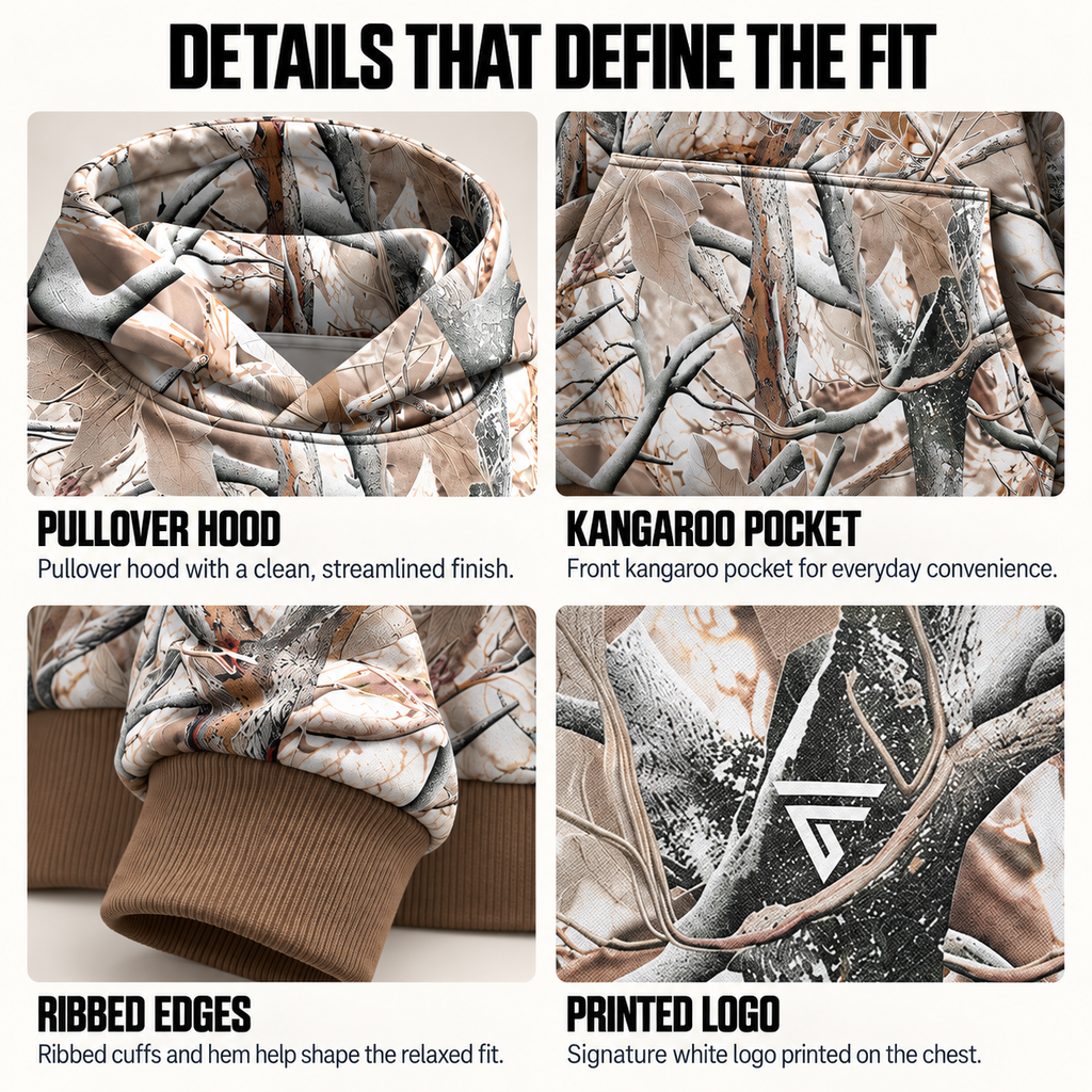Unisex Camo Hunting Fleece Hoodie | Tree Camo & Duck Hunting Print | Outdoor & Streetwear Style