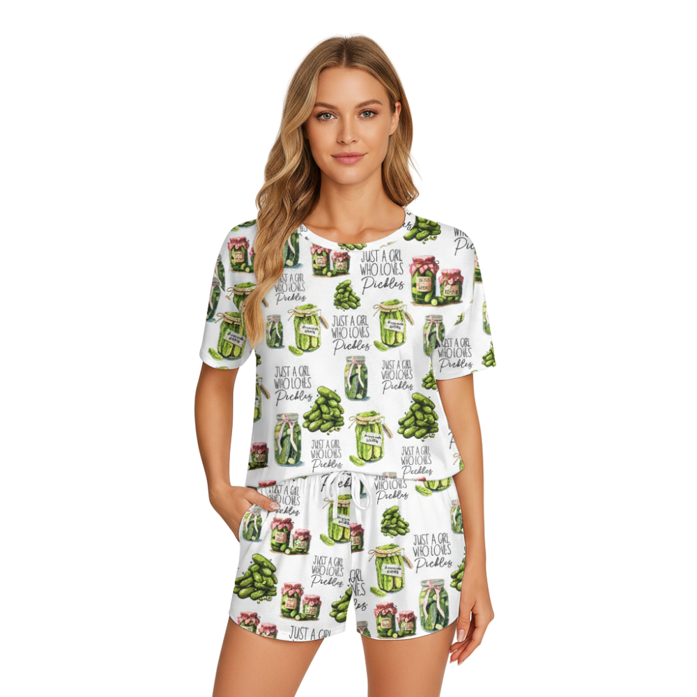 Vintage Canned Pickles Print Polyester Pajama Set | Crew Neck PJs