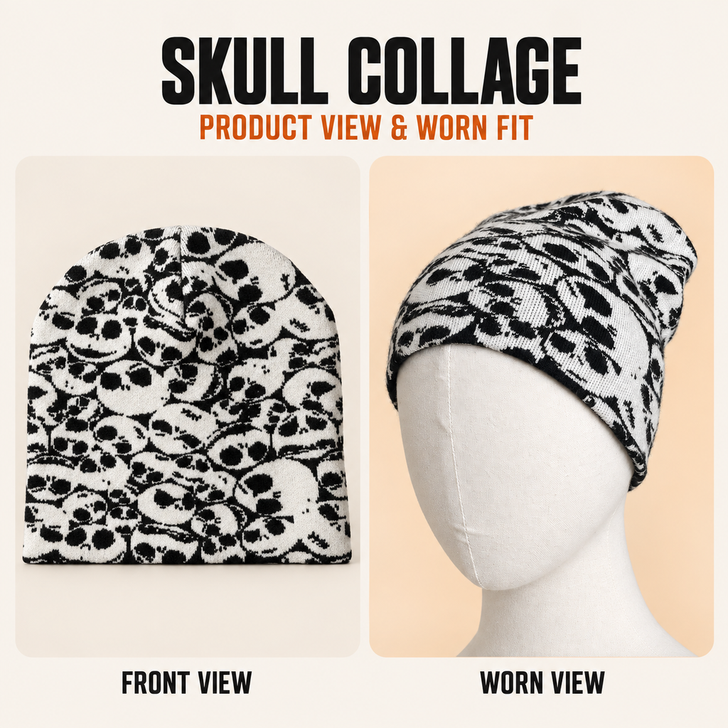 Halloween Skull Graphic Knit Beanie for Men & Women – Black & White