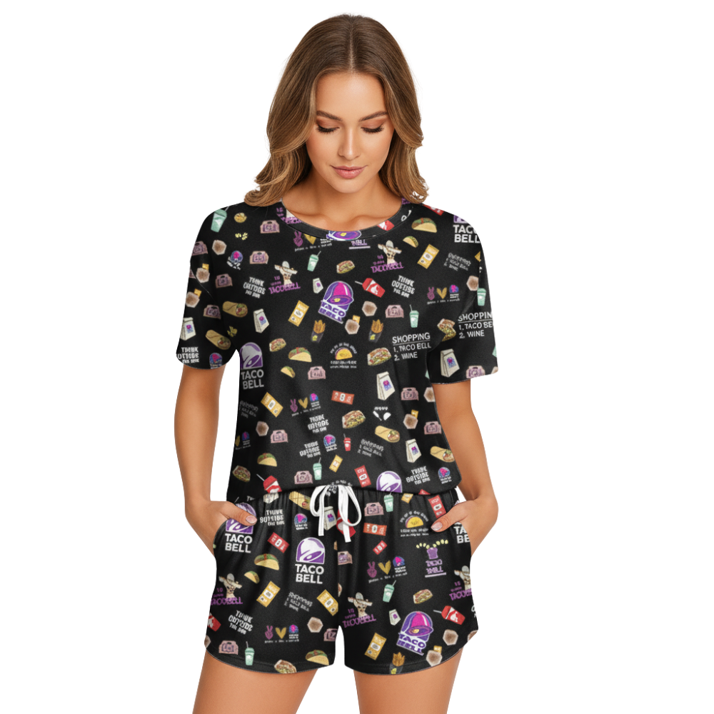 TacoBell Print Polyester Pajama Set | Soft Crew Neck Loungewear