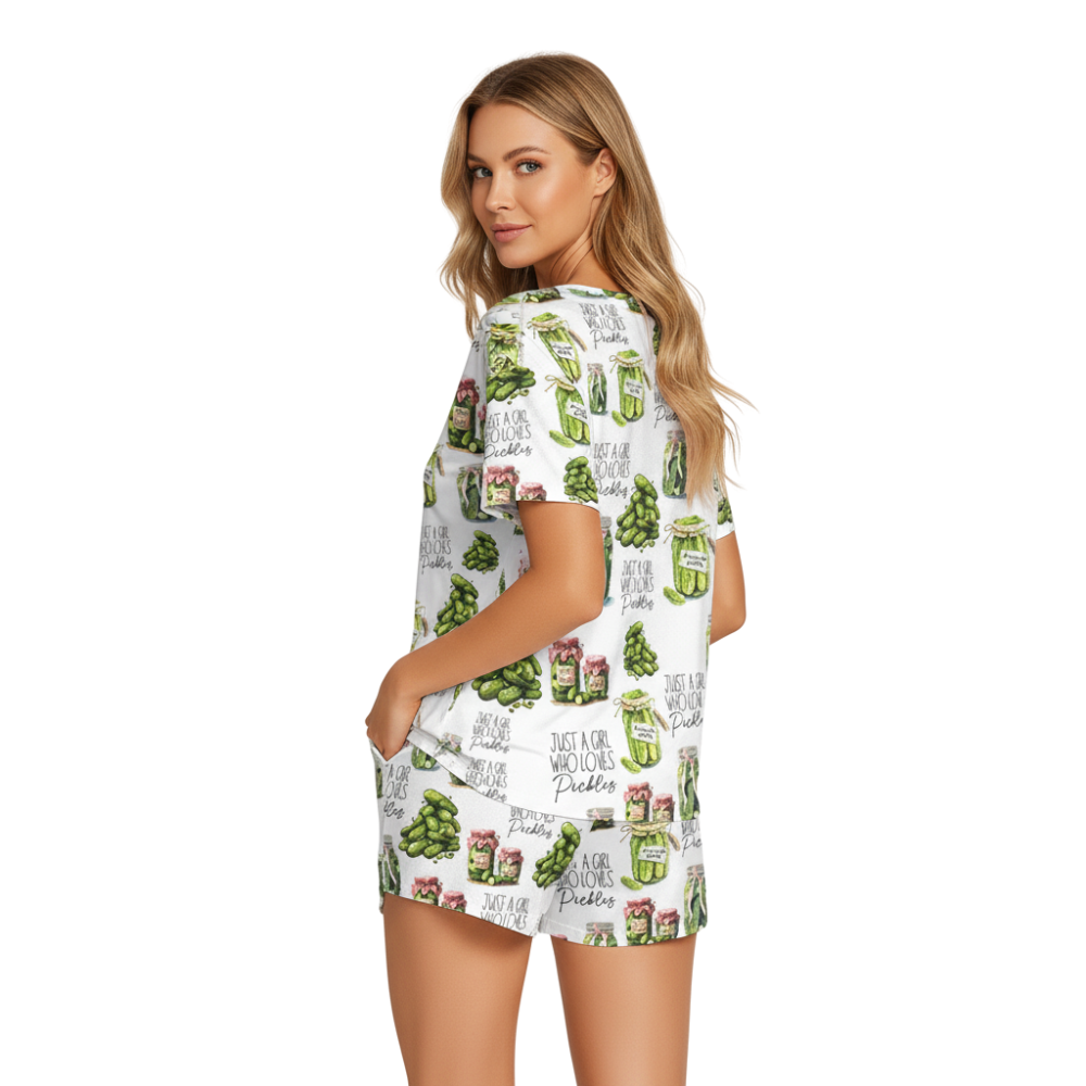 Vintage Canned Pickles Print Polyester Pajama Set | Crew Neck PJs