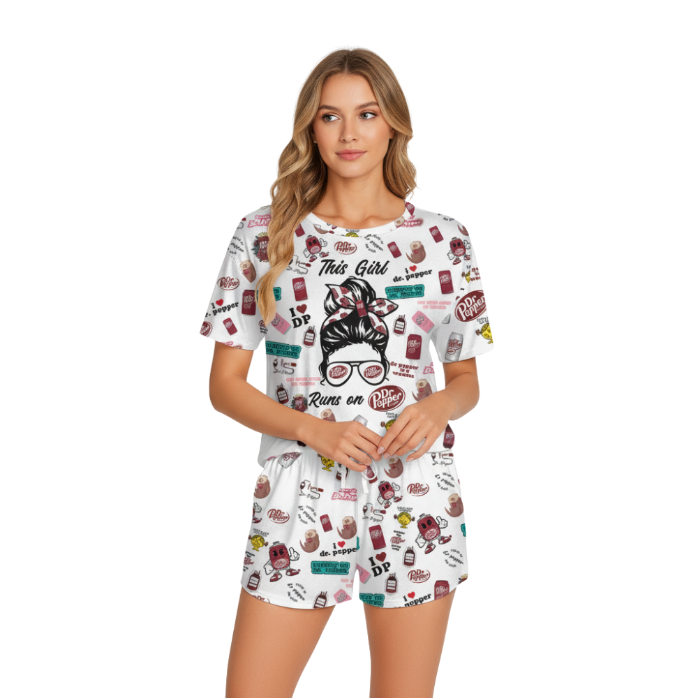 Dr Pepper Print Polyester Pajama Set - Soft Crew Neck Loungewear