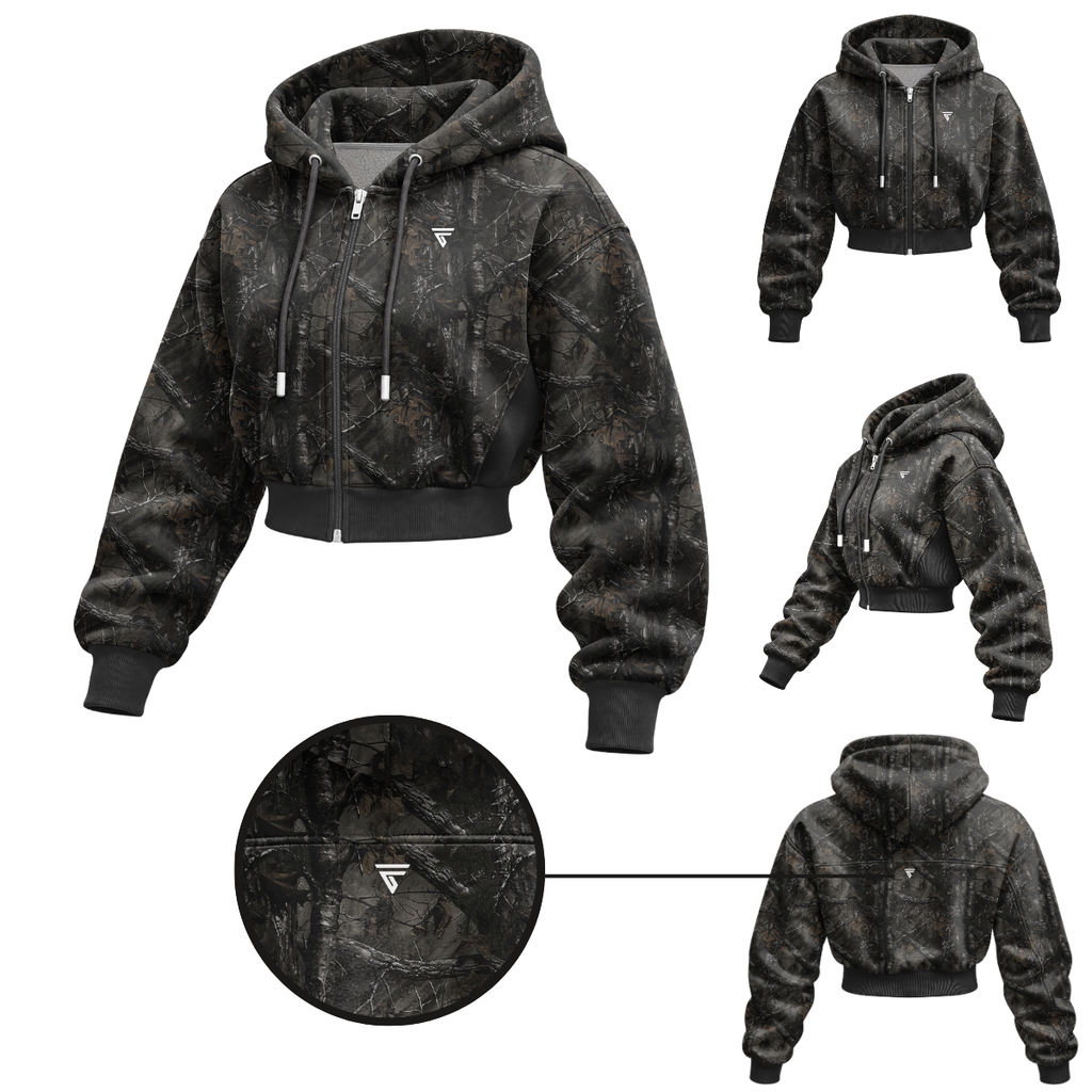 Women’s Camo Tree Crop Zip Hoodie | Sherpa Fleece