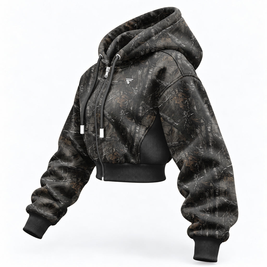 Women’s Camo Tree Crop Zip Hoodie | Sherpa Fleece