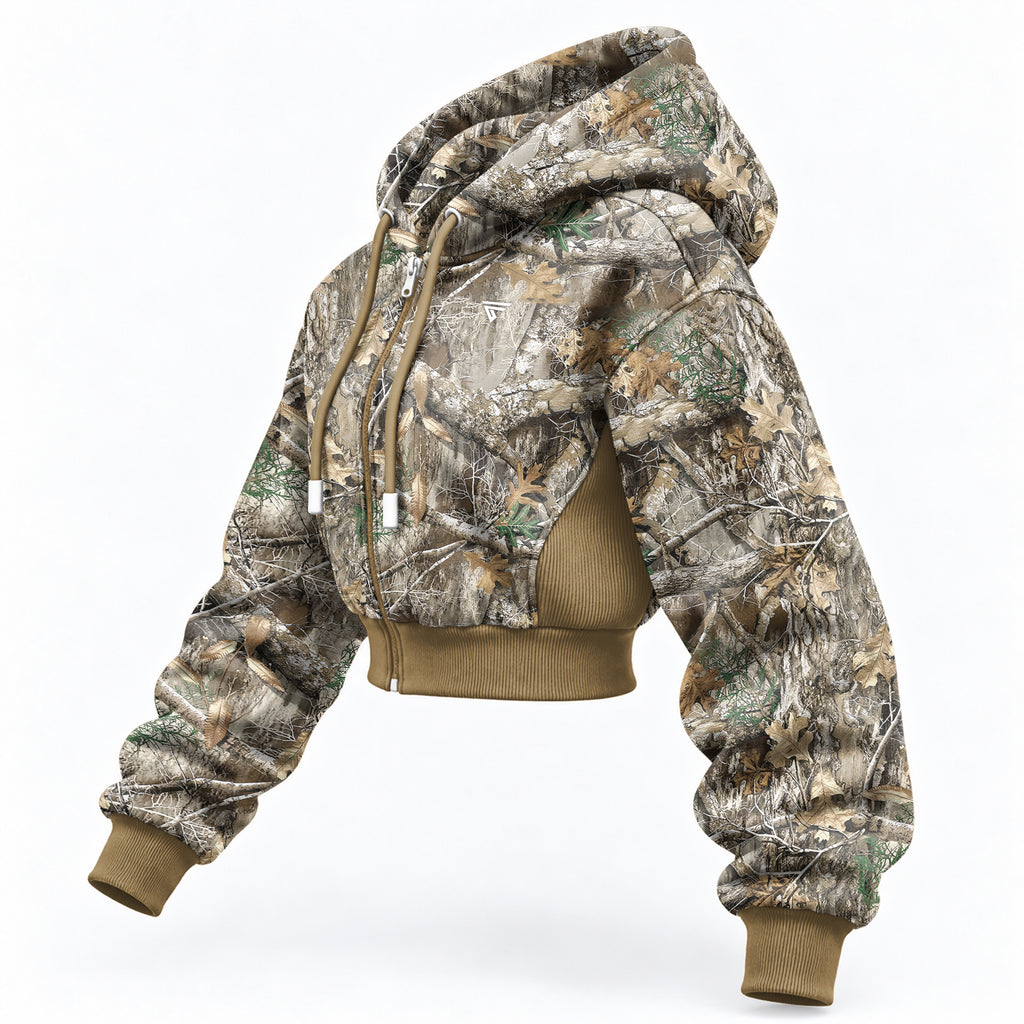 Women’s Camo Tree Crop Zip Hoodie | Sherpa Fleece