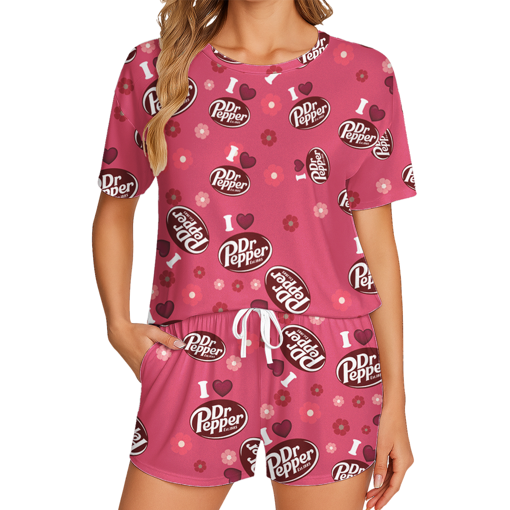 Dr Pepper Print Polyester Pajama Set - Soft Crew Neck Loungewear