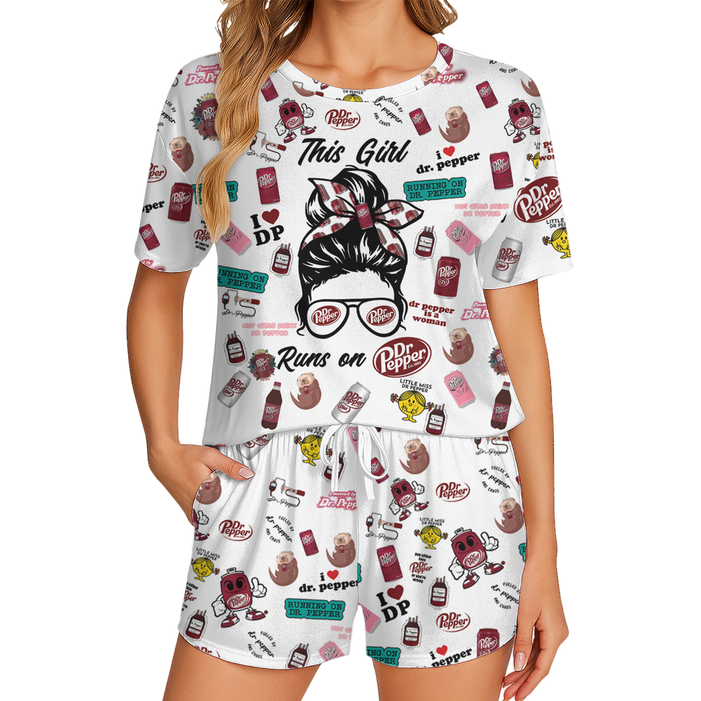 Dr Pepper Print Polyester Pajama Set - Soft Crew Neck Loungewear