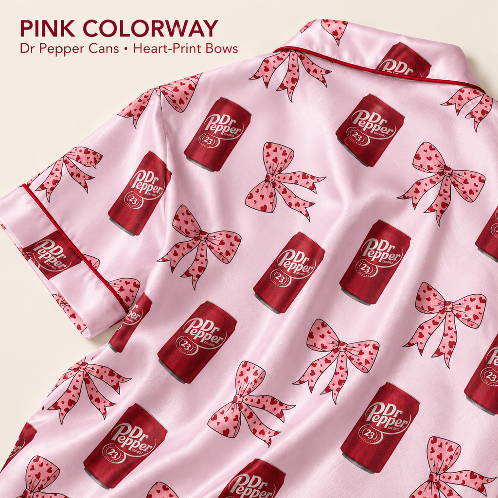 Women’s Dr Pepper Vibe Pajama Set | Short Sleeve Silk Satin Pajamas | Cute & Comfortable Sleepwear | Gift for Her & Mom
