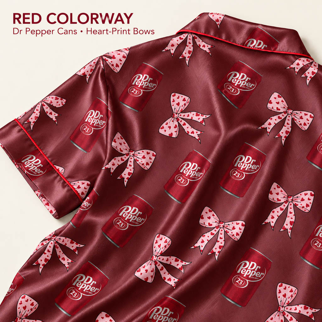 Women’s Dr Pepper Vibe Pajama Set | Short Sleeve Silk Satin Pajamas | Cute & Comfortable Sleepwear | Gift for Her & Mom
