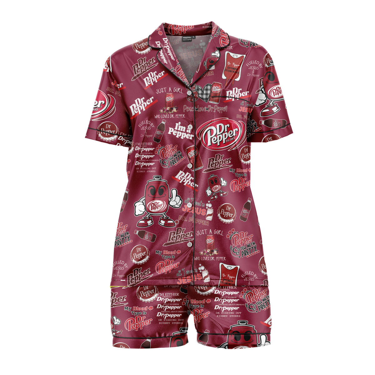 Women’s Dr Pepper Vibe Pajama Set | Short Sleeve Silk Satin Pajamas | Cute & Comfortable Sleepwear | Gift for Her & Mom