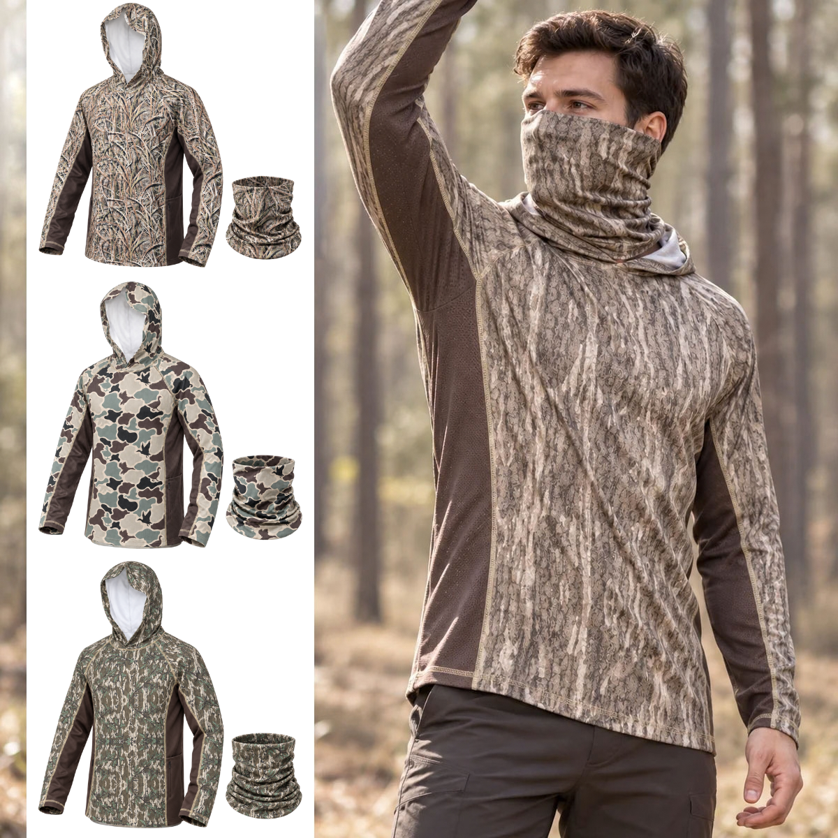Men’s Lightweight Camo Hunting Hoodie & Matching Face Scarf