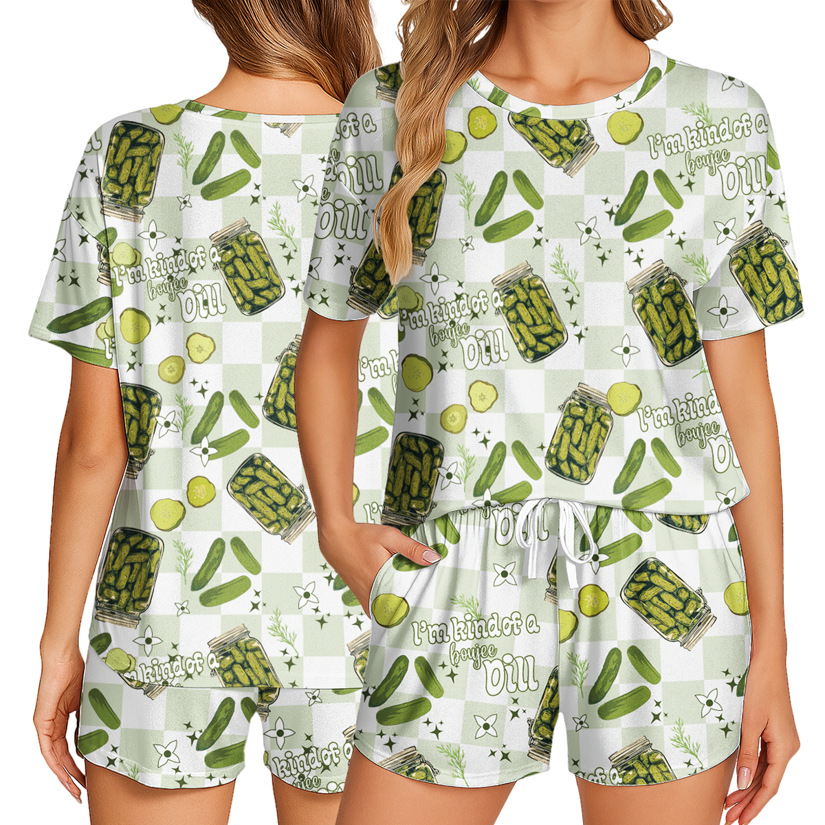 Vintage Canned Pickles Print Polyester Pajama Set | Crew Neck PJs