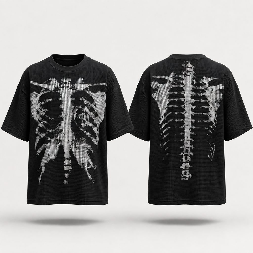 Men’s Halloween Skeleton Graphic Oversized T-Shirt | Waffle Knit Streetwear Tee