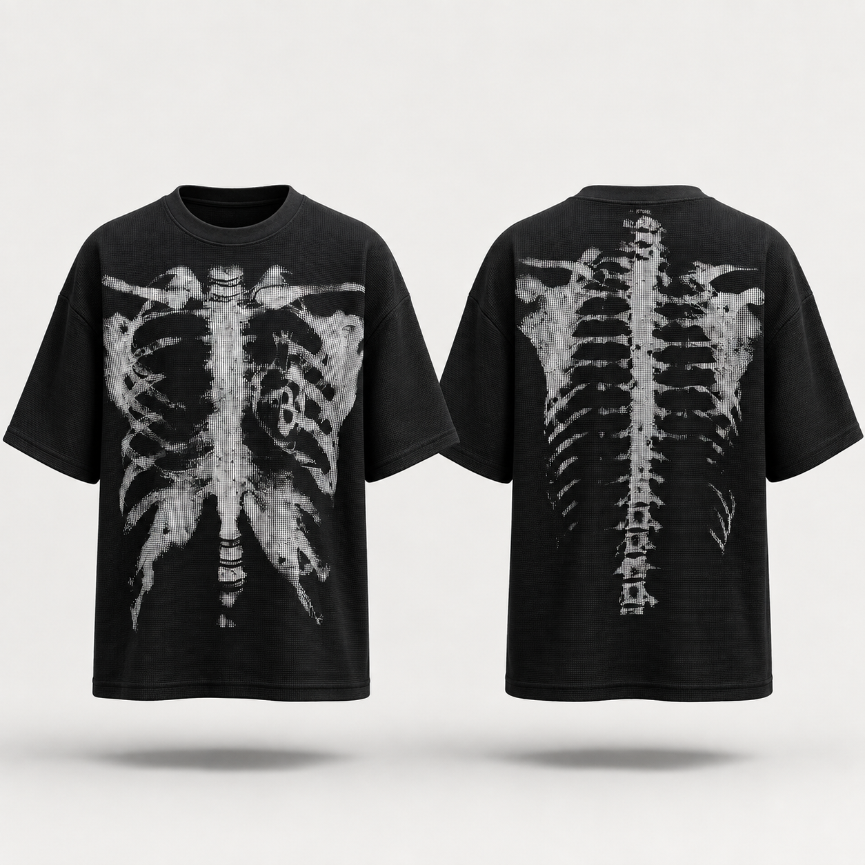 Men’s Halloween Skeleton Graphic Oversized T-Shirt | Waffle Knit Streetwear Tee