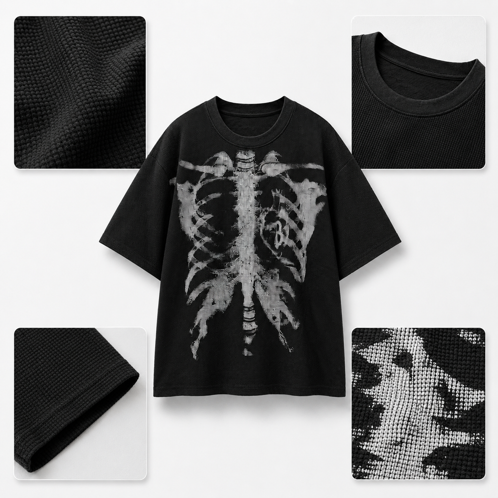 Men’s Halloween Skeleton Graphic Oversized T-Shirt | Waffle Knit Streetwear Tee