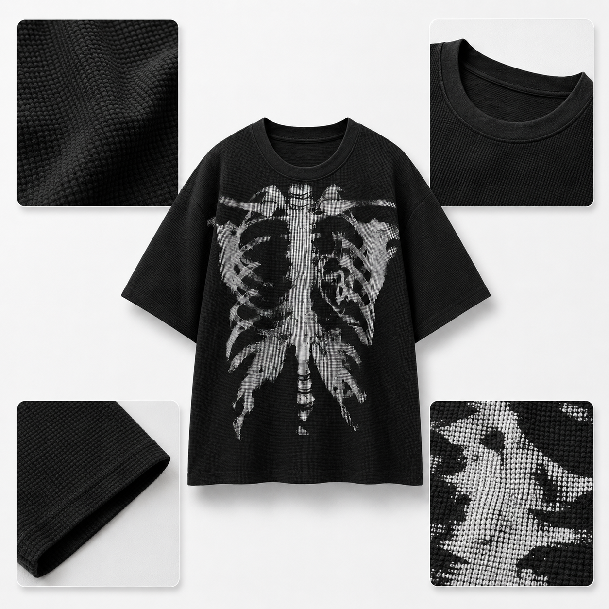 Men’s Halloween Skeleton Graphic Oversized T-Shirt | Waffle Knit Streetwear Tee