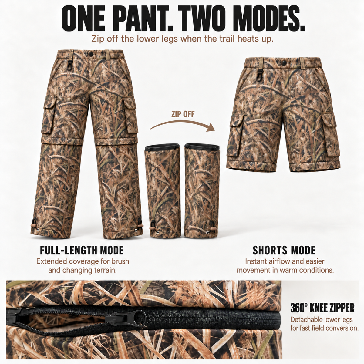 Men’s Convertible Camo Ripstop Cargo Pants – Lightweight Zip-Off Pants to Shorts for Hunting, Hiking & Fishing | Feritto