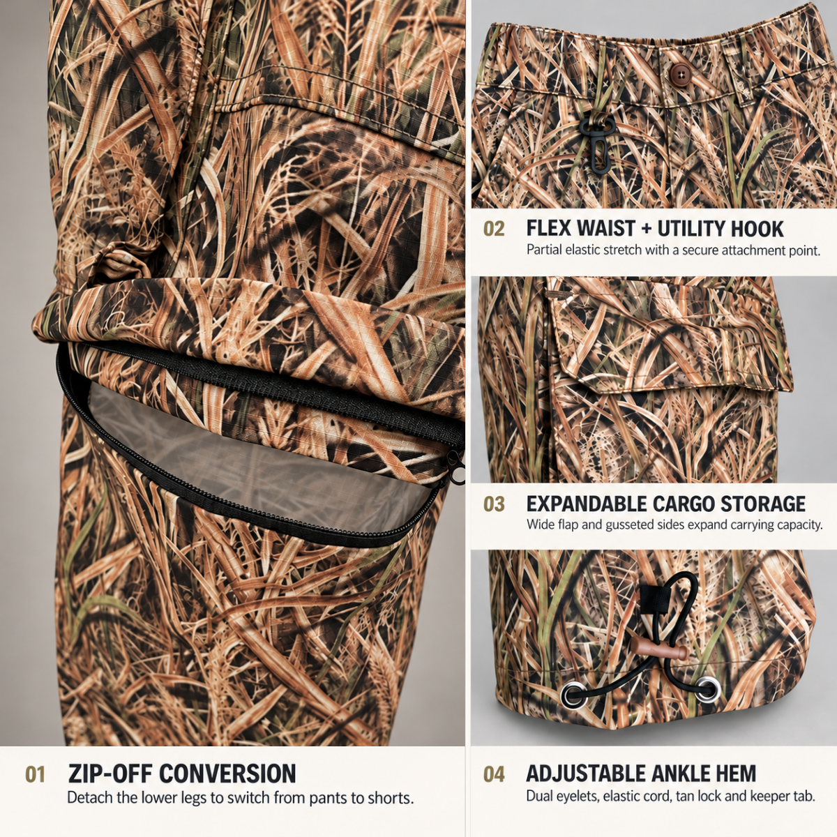 Men’s Convertible Camo Ripstop Cargo Pants – Lightweight Zip-Off Pants to Shorts for Hunting, Hiking & Fishing | Feritto