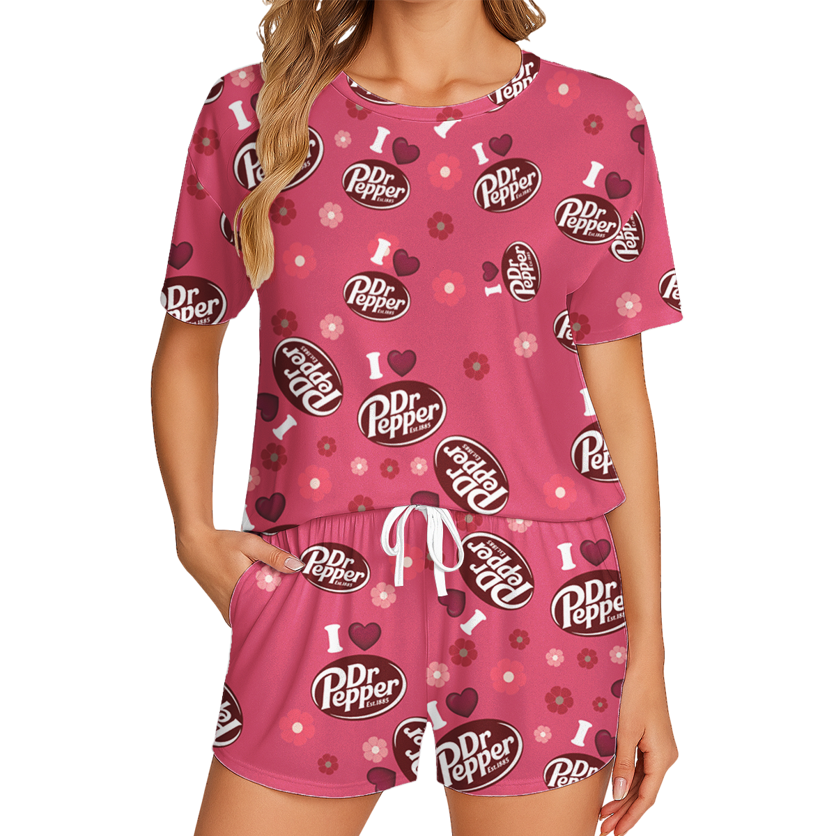 Dr Pepper Print Polyester Short Pajama Set - Soft Crew Neck Loungewear