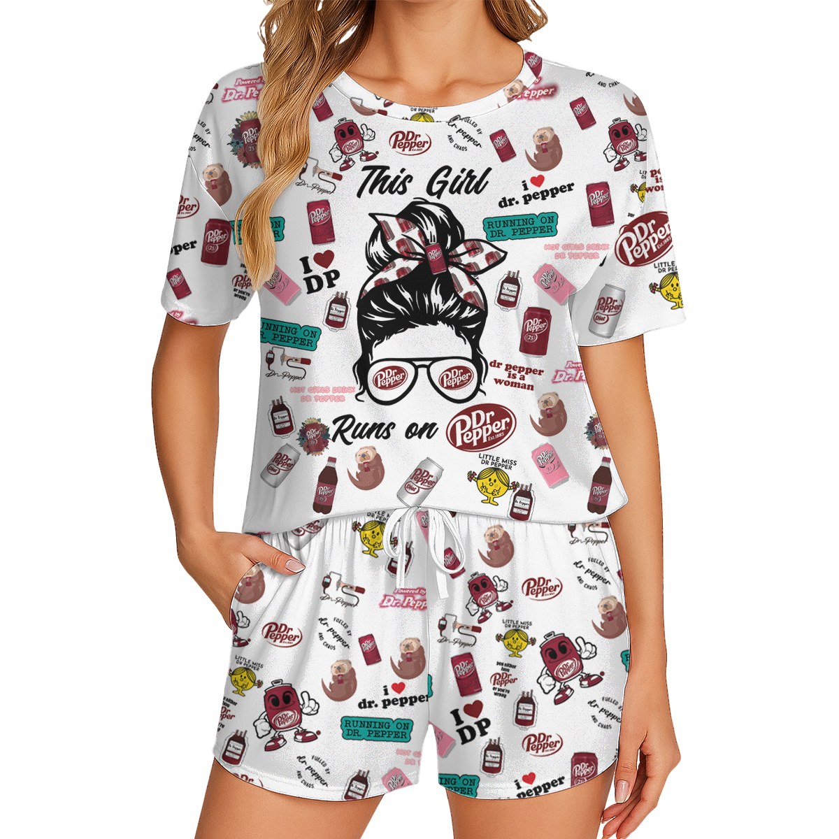 Dr Pepper Print Polyester Short Pajama Set - Soft Crew Neck Loungewear