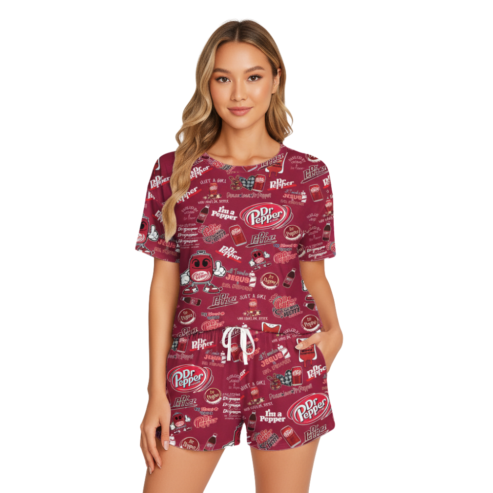 Dr Pepper Print Polyester Short Pajama Set - Soft Crew Neck Loungewear
