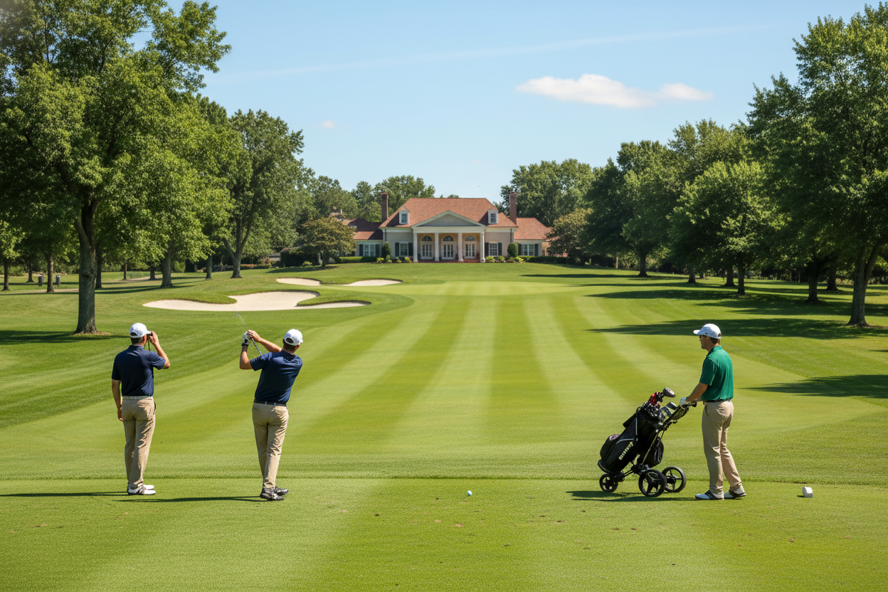 A top-down flat lay of a men's golf apparel collection, neatly arranged on a dark green background. The collection includes a green puffer jacket, blue pullovers, polo shirts, tan pants, and a golf club. Styled with golf balls, pinecones, and small ornaments. Clean studio lighting, commercial product photography.1621243260e1af0c20-2