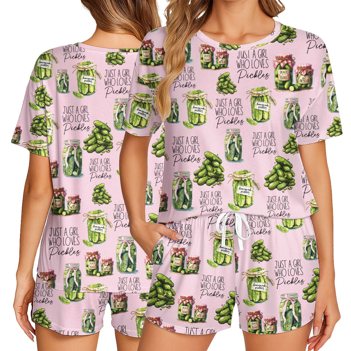 Vintage Canned Pickles Print Polyester Short Pajama Set