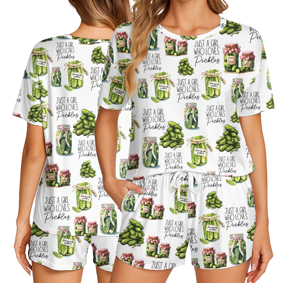 Vintage Canned Pickles Print Polyester Short Pajama Set