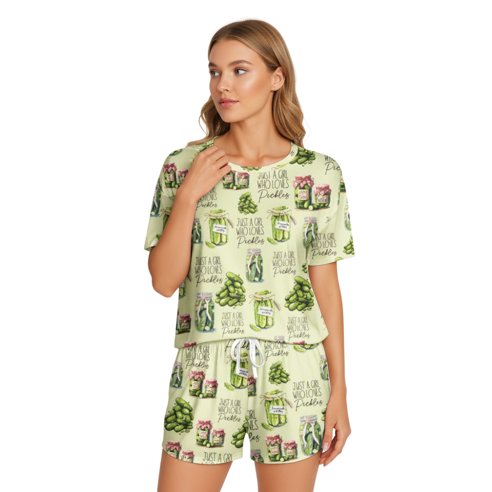 Vintage Canned Pickles Print Polyester Short Pajama Set