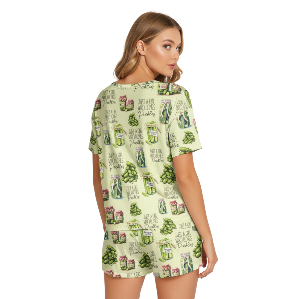 Vintage Canned Pickles Print Polyester Short Pajama Set
