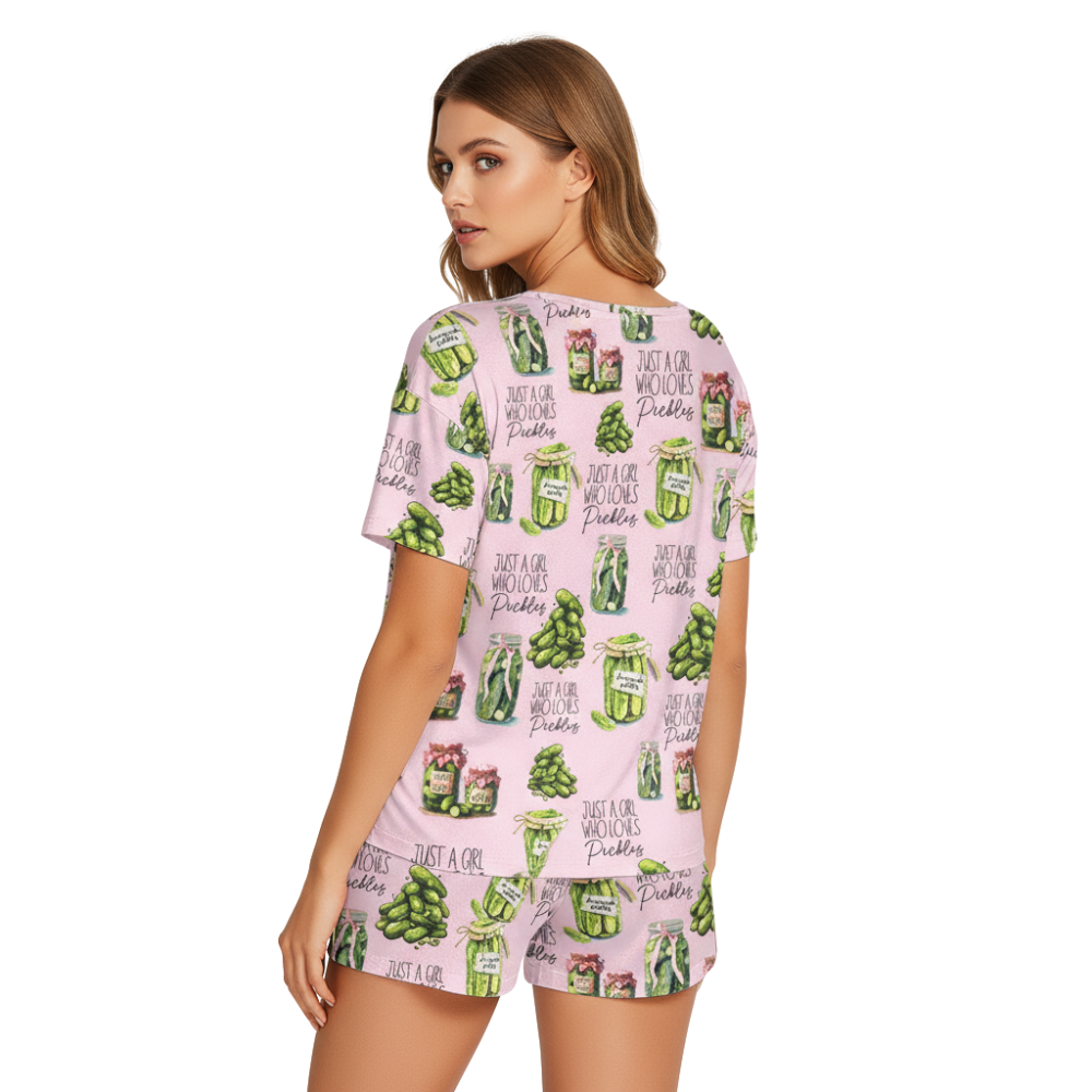 Vintage Canned Pickles Print Polyester Short Pajama Set
