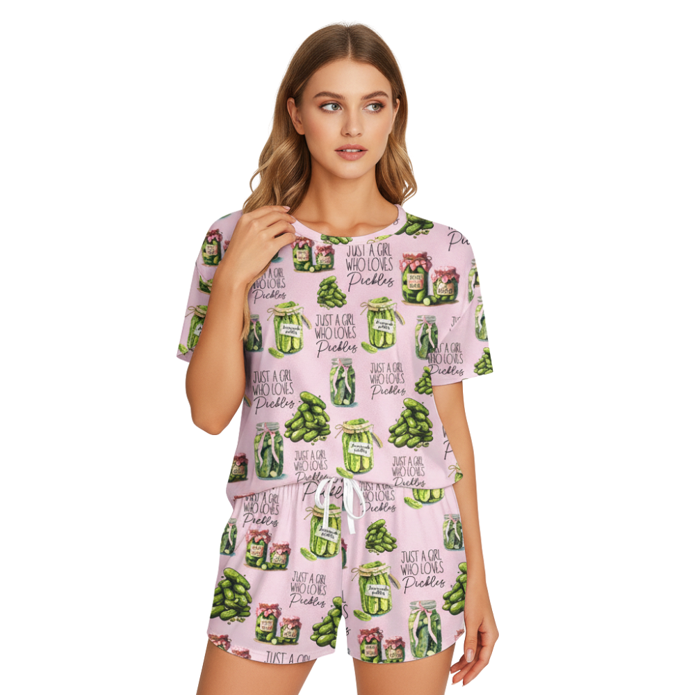 Vintage Canned Pickles Print Polyester Short Pajama Set